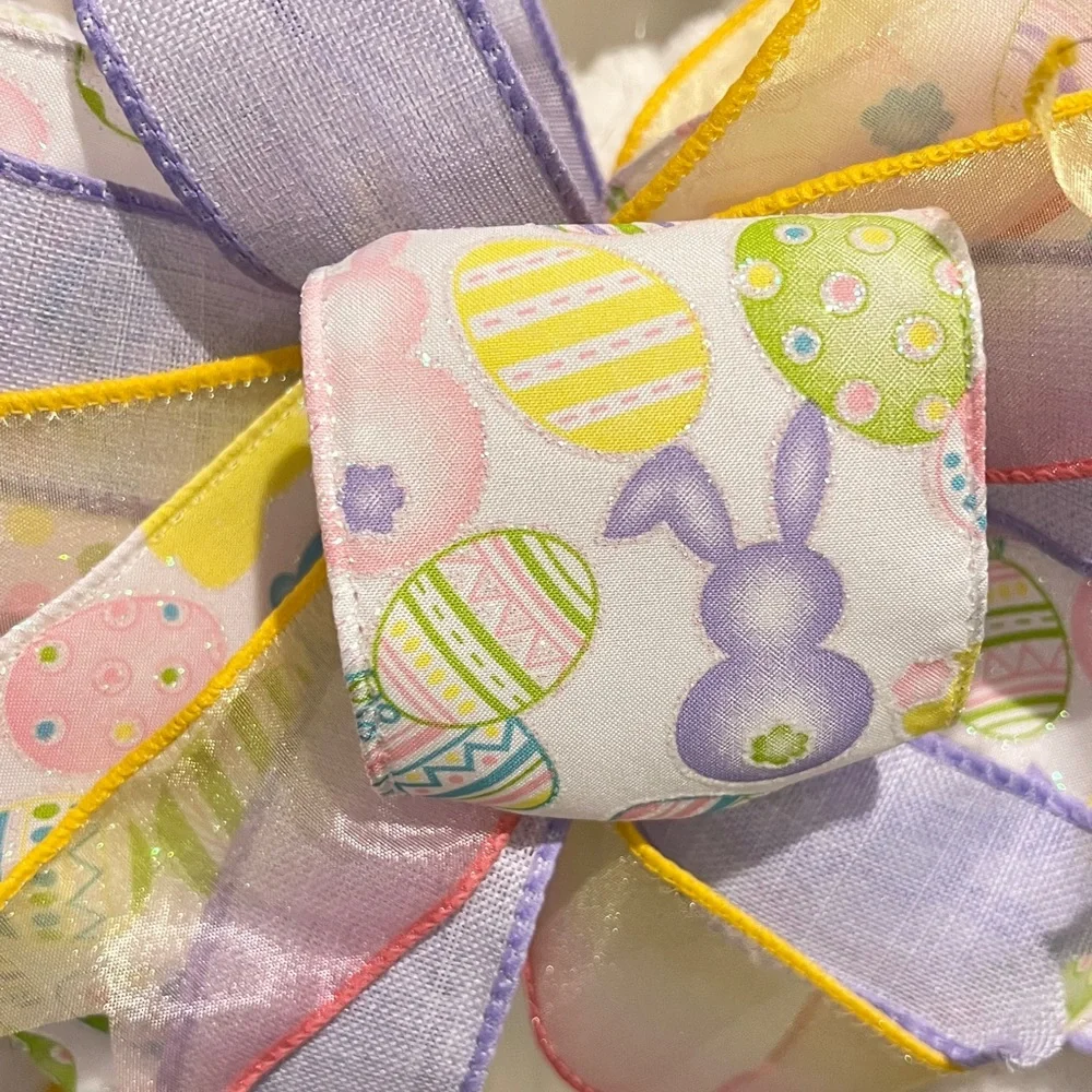 White Fluffy Yarn & Ribbon Bunny Wreath for Easter 19”L #3